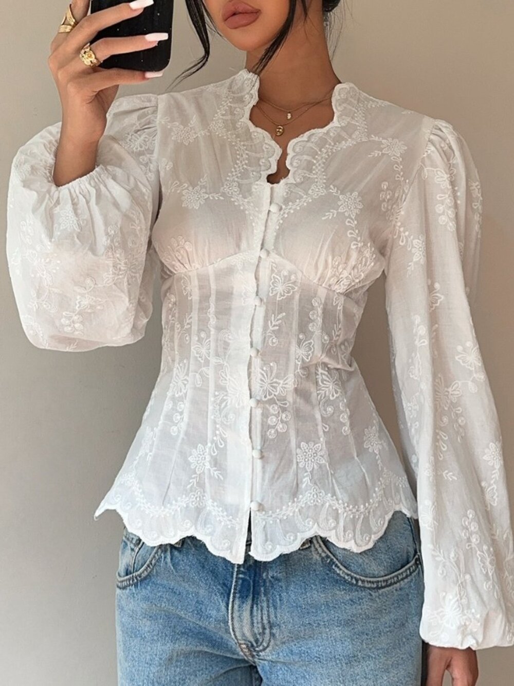 Beige Elegant Women's Floral Embroidered V-Neck Long Puff Sleeves Blouse